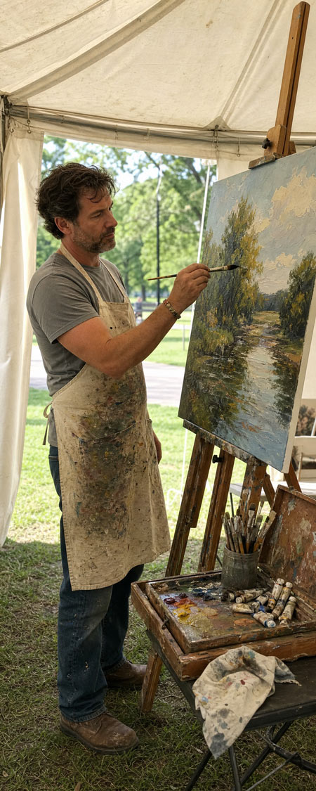 artist painting in a tent in a park